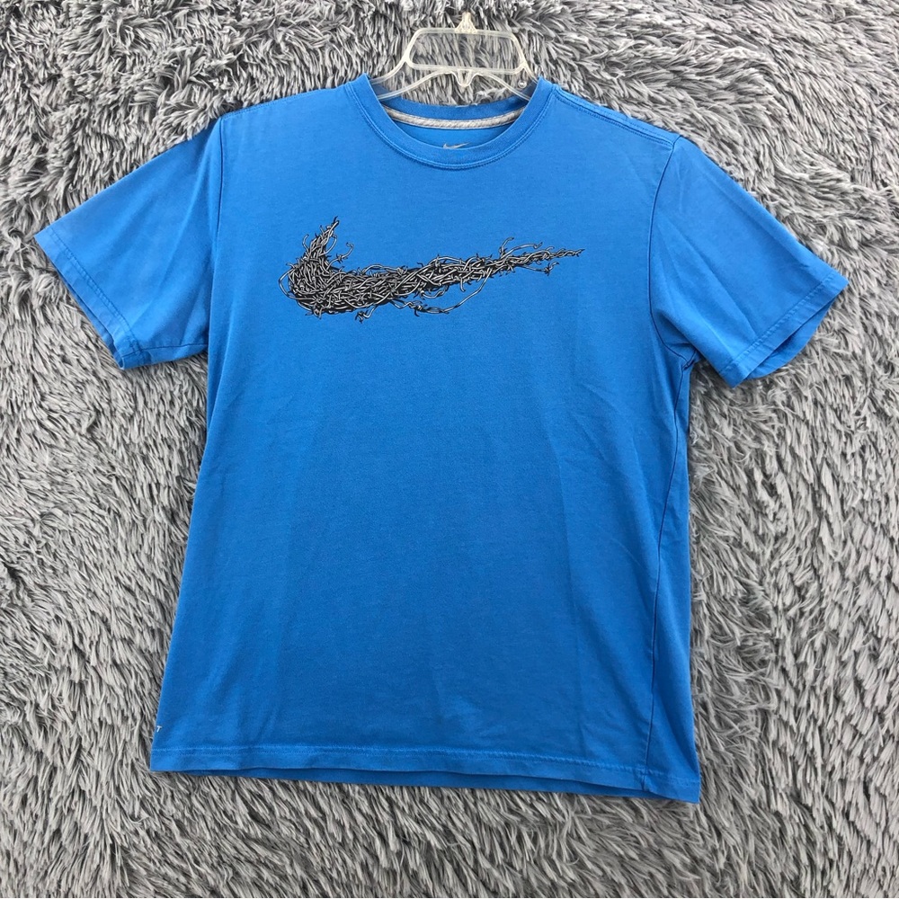 Nike Tshirt Mens Medium Dri Fit Barbwire Swoosh Checkmark Blue Shirt